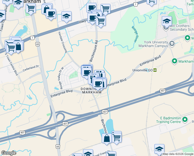 map of restaurants, bars, coffee shops, grocery stores, and more near 38 Simcoe Promenade in Markham