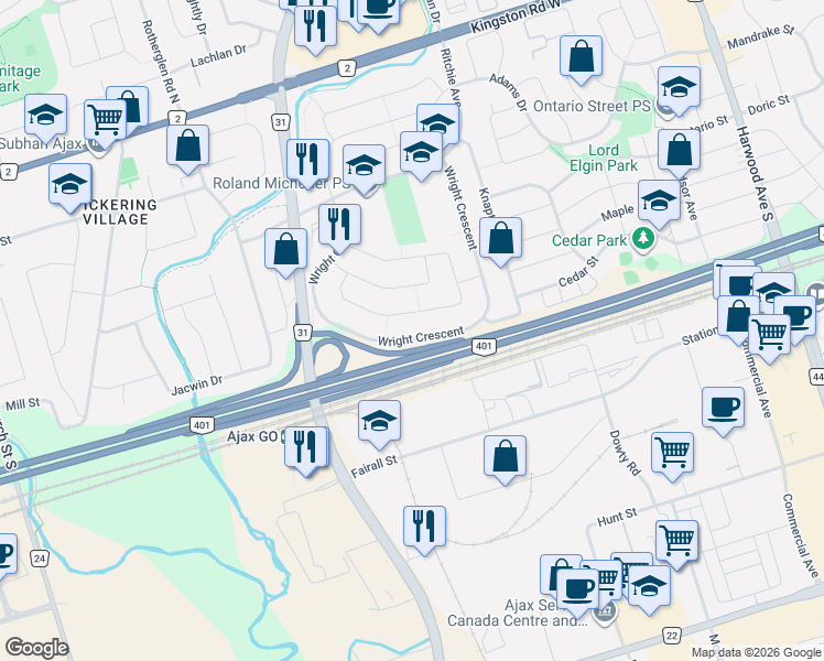 map of restaurants, bars, coffee shops, grocery stores, and more near 130 Wright Crescent in Ajax