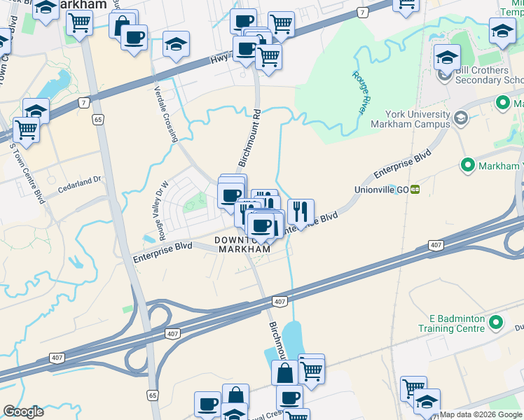 map of restaurants, bars, coffee shops, grocery stores, and more near 38 Simcoe Promenade in Markham