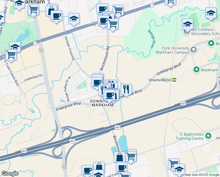 map of restaurants, bars, coffee shops, grocery stores, and more near 38 Simcoe Promenade in Markham