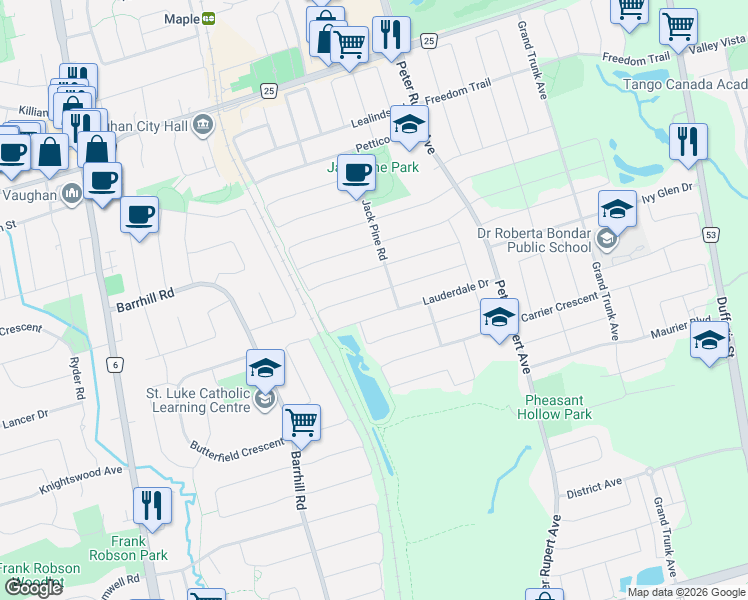 map of restaurants, bars, coffee shops, grocery stores, and more near 296 Lauderdale Drive in Vaughan