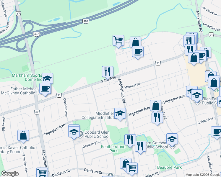 map of restaurants, bars, coffee shops, grocery stores, and more near 44 Nessie Street in Markham