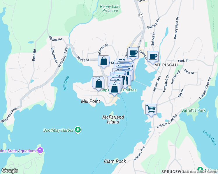 map of restaurants, bars, coffee shops, grocery stores, and more near 41 Mc Kown Street in Boothbay Harbor