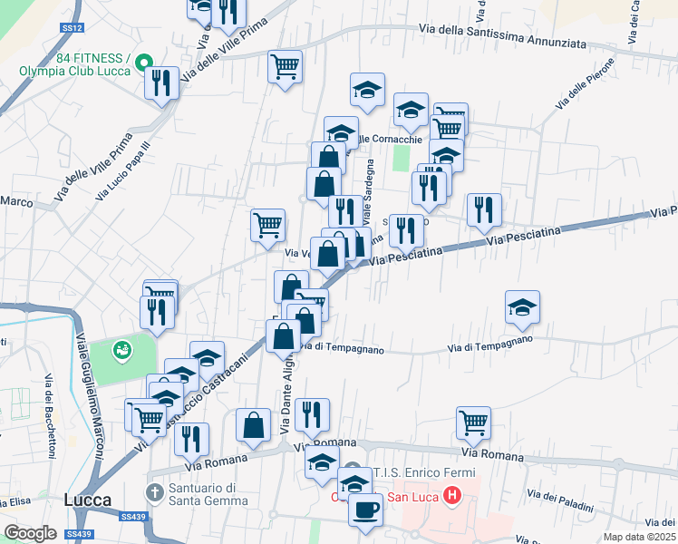 map of restaurants, bars, coffee shops, grocery stores, and more near 589 Via Vecchia Pesciatina in Lucca