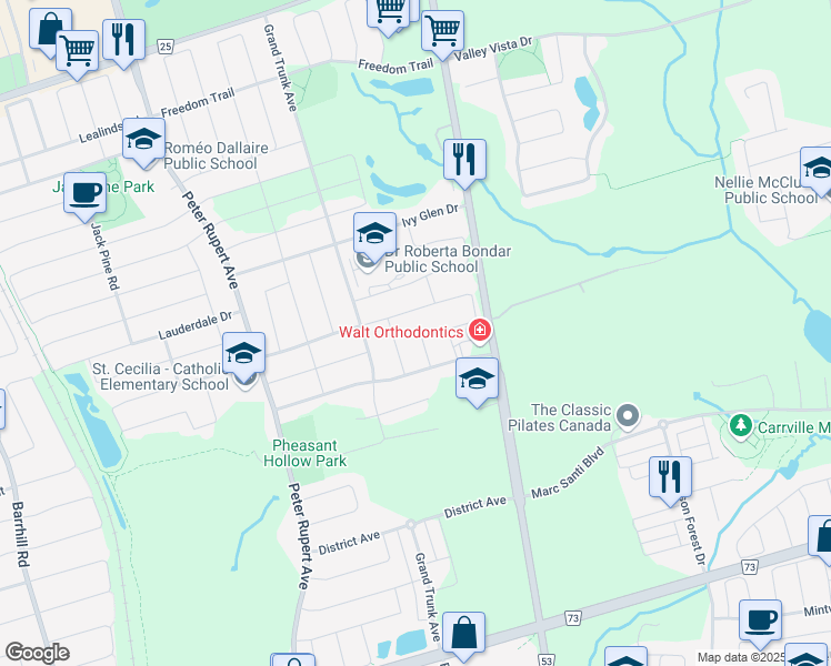 map of restaurants, bars, coffee shops, grocery stores, and more near 32 Carrier Crescent in Vaughan