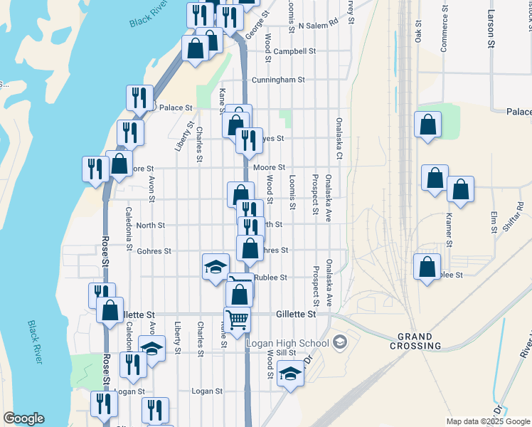 map of restaurants, bars, coffee shops, grocery stores, and more near 1923 Wood Street in La Crosse