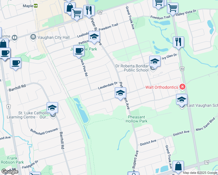 map of restaurants, bars, coffee shops, grocery stores, and more near 45 Lauderdale Drive in Vaughan