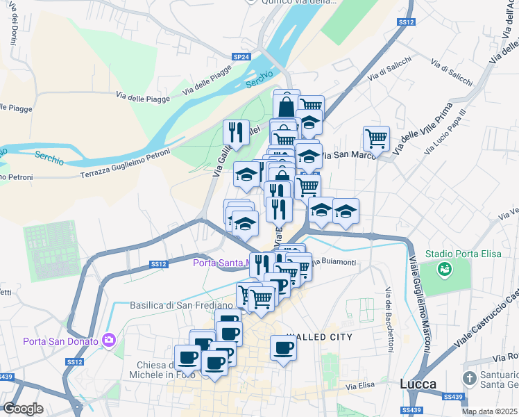 map of restaurants, bars, coffee shops, grocery stores, and more near 664 Via delle Tagliate Iii in Lucca