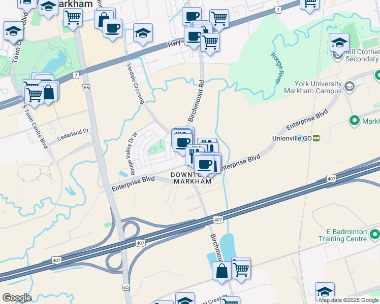 map of restaurants, bars, coffee shops, grocery stores, and more near Verclaire Gate South in Markham