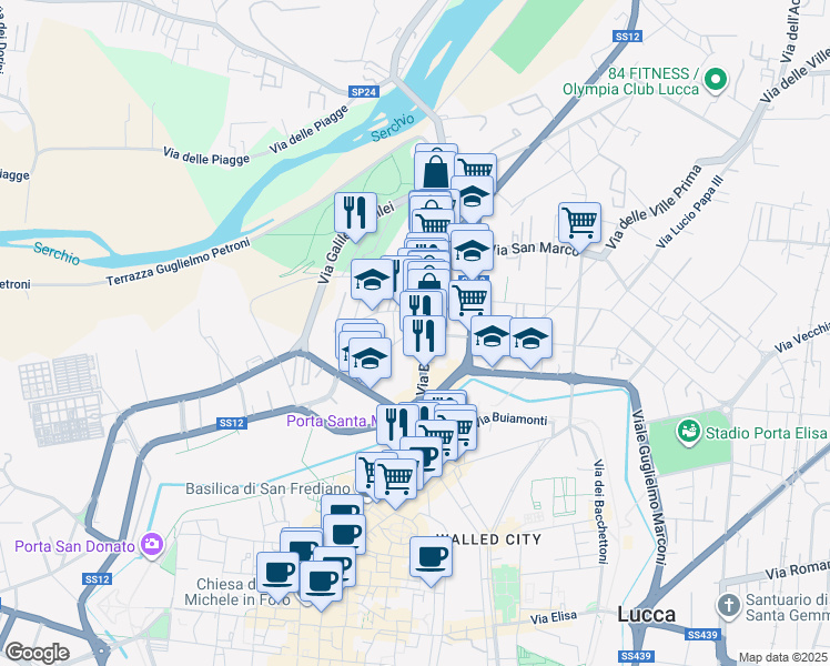 map of restaurants, bars, coffee shops, grocery stores, and more near 664 Via delle Tagliate Iii in Lucca