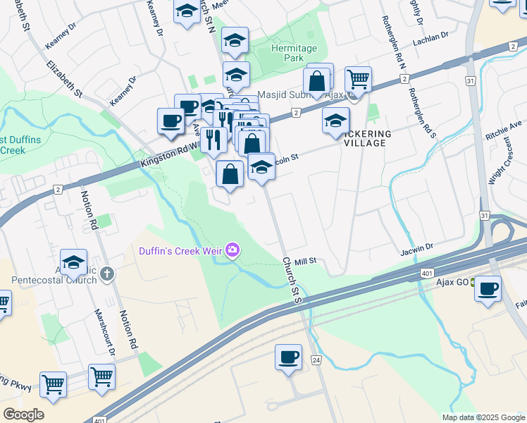 map of restaurants, bars, coffee shops, grocery stores, and more near 82 Church Street South in Ajax