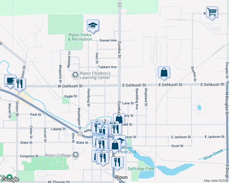map of restaurants, bars, coffee shops, grocery stores, and more near 425 Pacific Street in Ripon