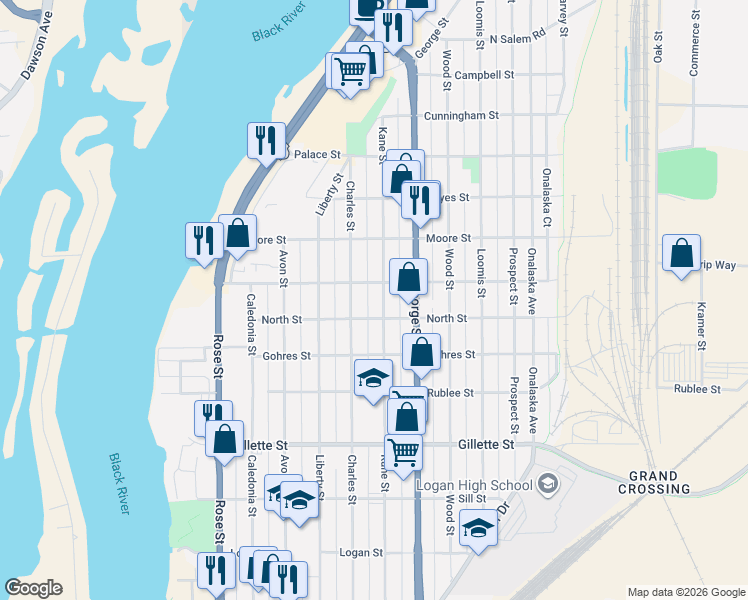 map of restaurants, bars, coffee shops, grocery stores, and more near 1916 Charles Street in La Crosse