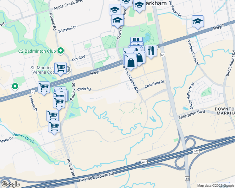 map of restaurants, bars, coffee shops, grocery stores, and more near 75 Clegg Road in Markham