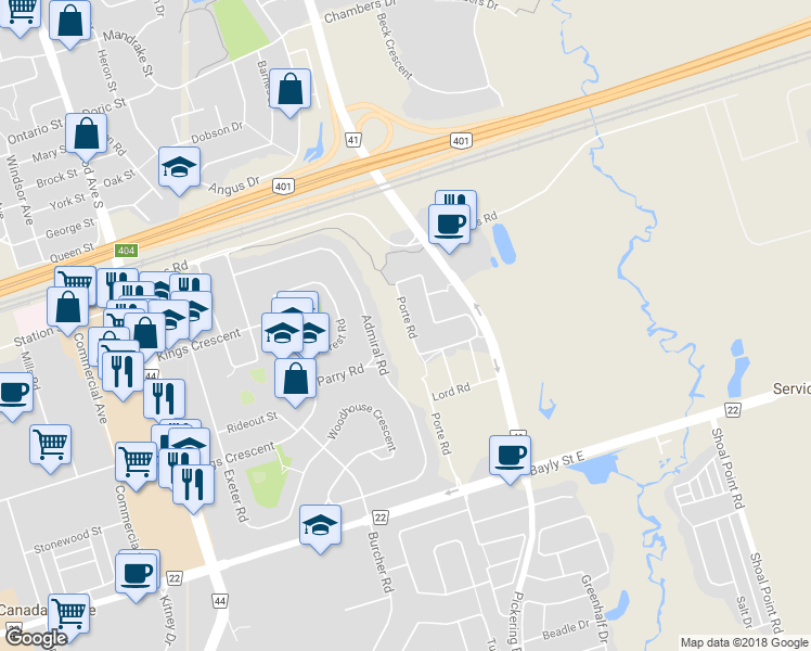 map of restaurants, bars, coffee shops, grocery stores, and more near 359 Porte Road in Ajax