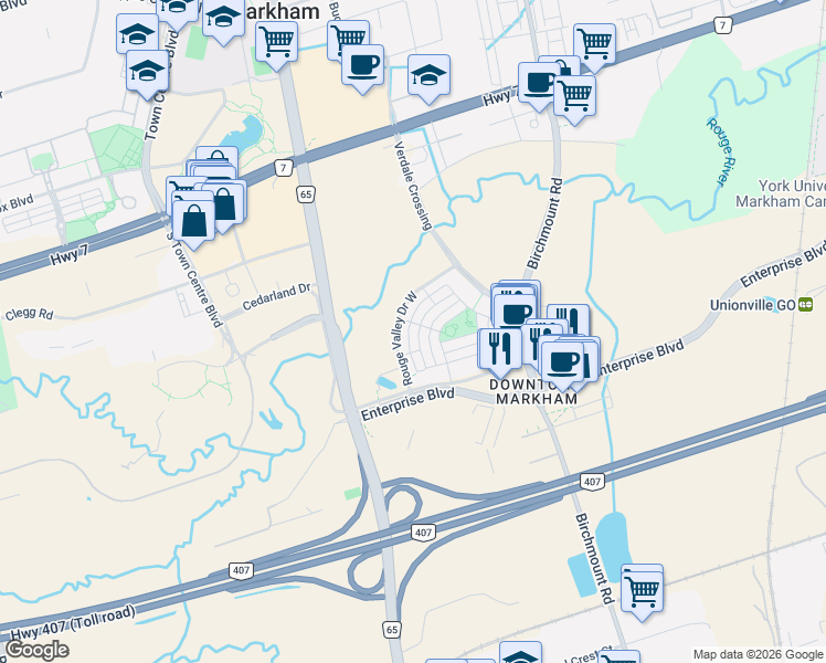 map of restaurants, bars, coffee shops, grocery stores, and more near 28 Lord Durham Road in Markham