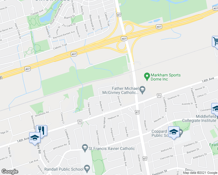 map of restaurants, bars, coffee shops, grocery stores, and more near 97 Redkey Drive in Markham