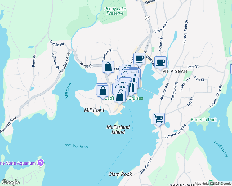 map of restaurants, bars, coffee shops, grocery stores, and more near 41 Mc Kown Street in Boothbay Harbor