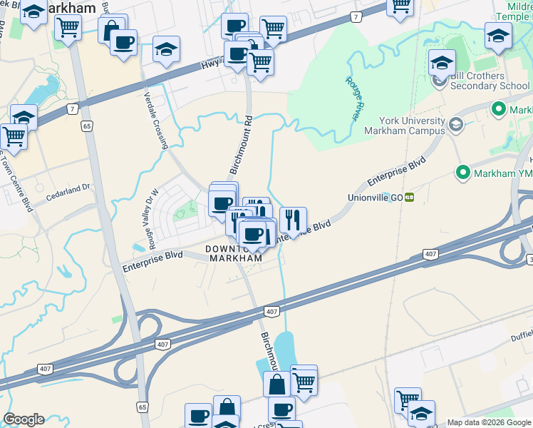 map of restaurants, bars, coffee shops, grocery stores, and more near 38 Andre de Grasse Street in Markham