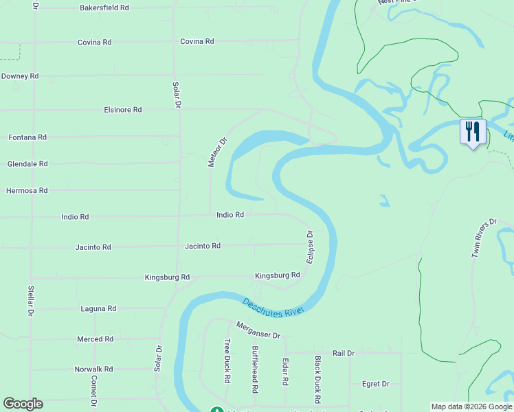 map of restaurants, bars, coffee shops, grocery stores, and more near 17296 Indio Road in Bend
