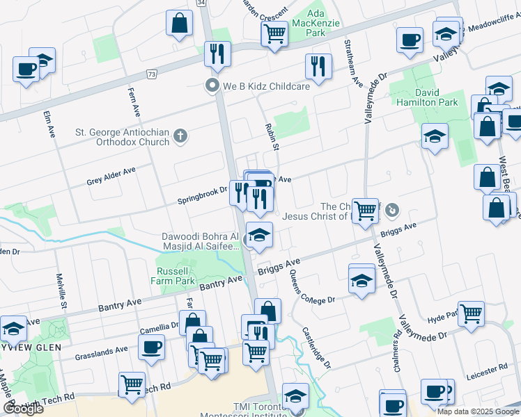 map of restaurants, bars, coffee shops, grocery stores, and more near 203-9019 Bayview Avenue in Richmond Hill