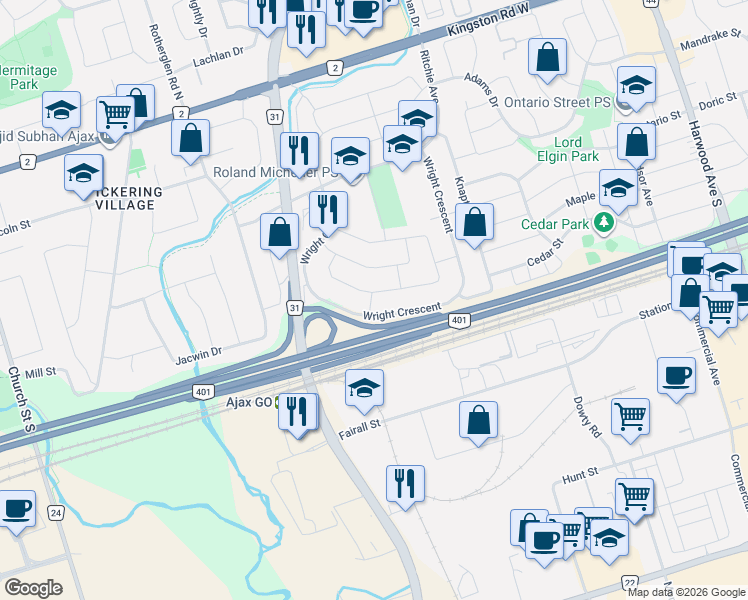 map of restaurants, bars, coffee shops, grocery stores, and more near 138 Reed Drive in Ajax