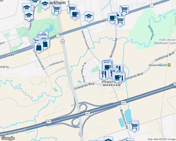 map of restaurants, bars, coffee shops, grocery stores, and more near 31 Lord Durham Road in Markham