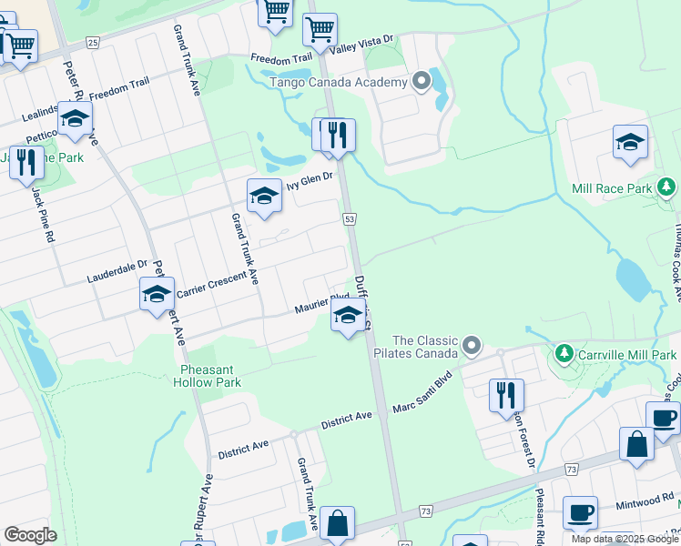 map of restaurants, bars, coffee shops, grocery stores, and more near 77 Carrier Crescent in Vaughan