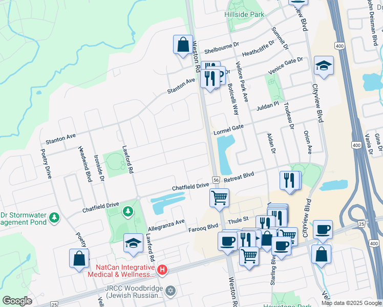 map of restaurants, bars, coffee shops, grocery stores, and more near 136 Lindbergh Drive in Vaughan