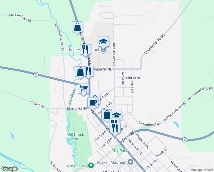 map of restaurants, bars, coffee shops, grocery stores, and more near 236 Harwood Ave NE in Chatfield