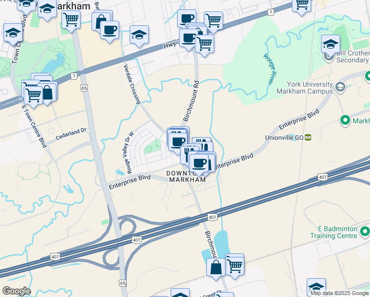 map of restaurants, bars, coffee shops, grocery stores, and more near 8119 Birchmount Road in Markham