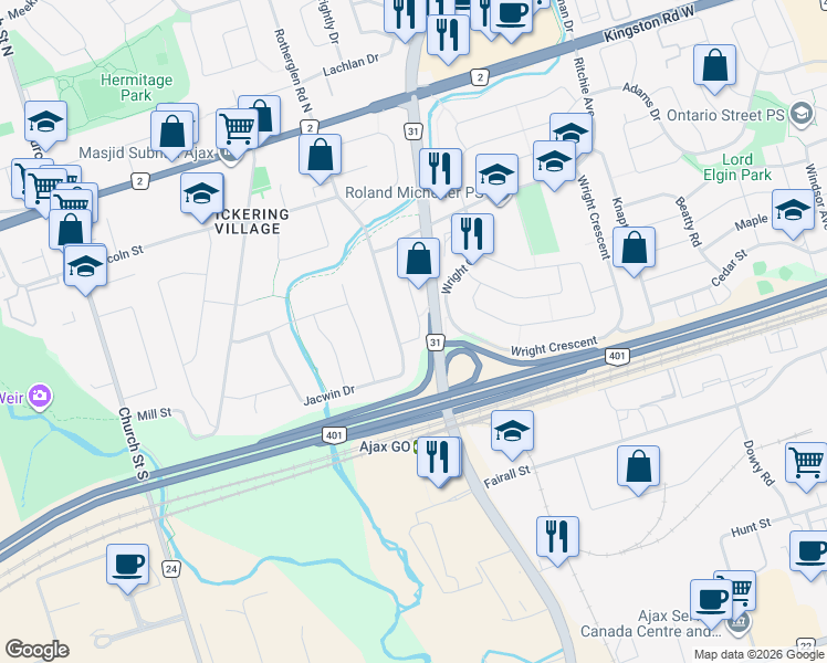 map of restaurants, bars, coffee shops, grocery stores, and more near 44 Kirkham Drive in Ajax