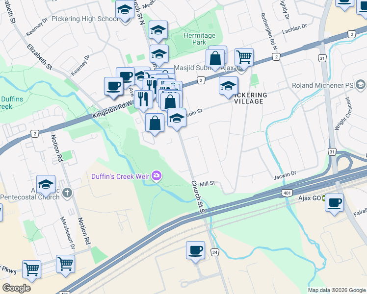 map of restaurants, bars, coffee shops, grocery stores, and more near Church Street South in Ajax