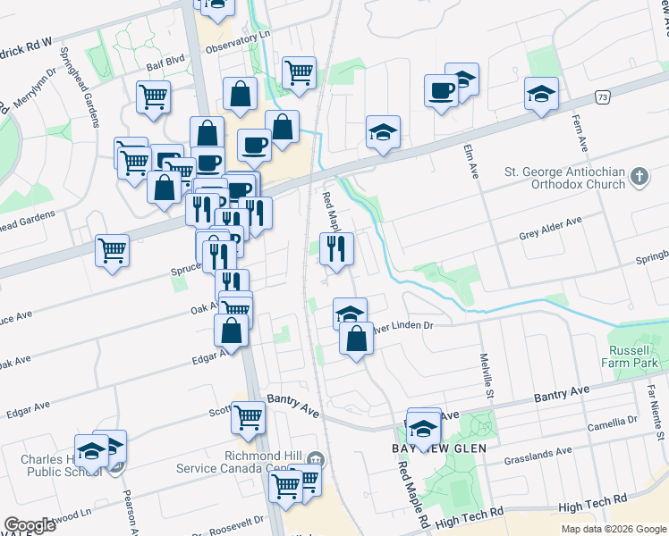 map of restaurants, bars, coffee shops, grocery stores, and more near 350 Red Maple Road in Richmond Hill
