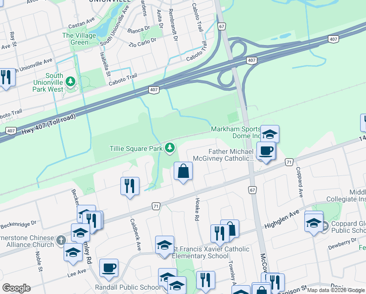 map of restaurants, bars, coffee shops, grocery stores, and more near 54 Redkey Drive in Markham