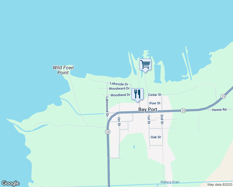 map of restaurants, bars, coffee shops, grocery stores, and more near 9870 Woodland Drive in Bay Port