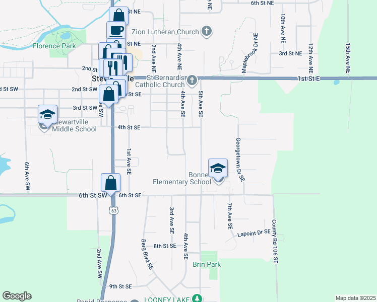 map of restaurants, bars, coffee shops, grocery stores, and more near 424 4th Avenue Southeast in Stewartville
