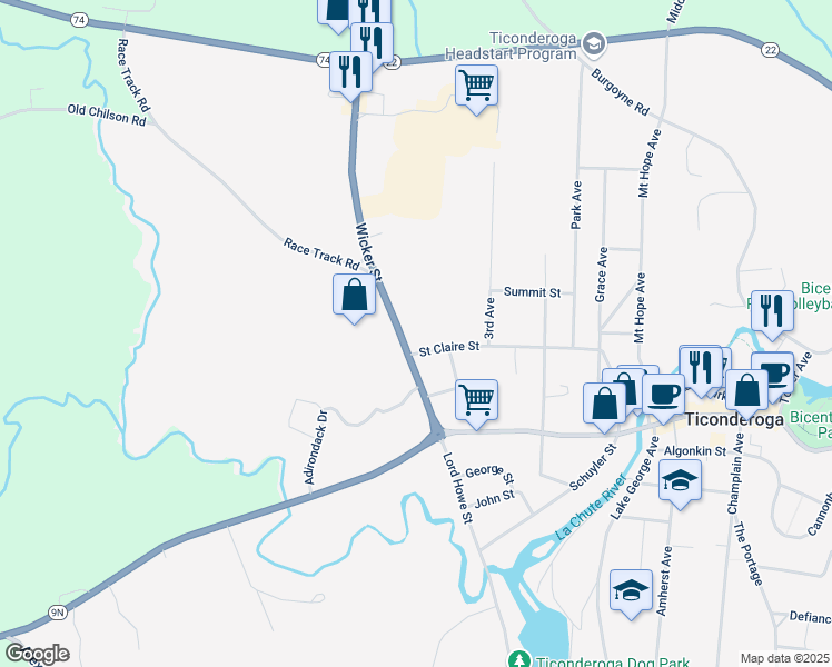 map of restaurants, bars, coffee shops, grocery stores, and more near 1042 Wicker Street in Ticonderoga