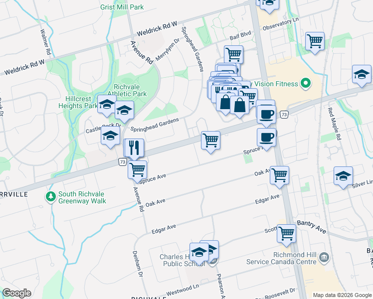 map of restaurants, bars, coffee shops, grocery stores, and more near 231 Carrville Road in Richmond Hill
