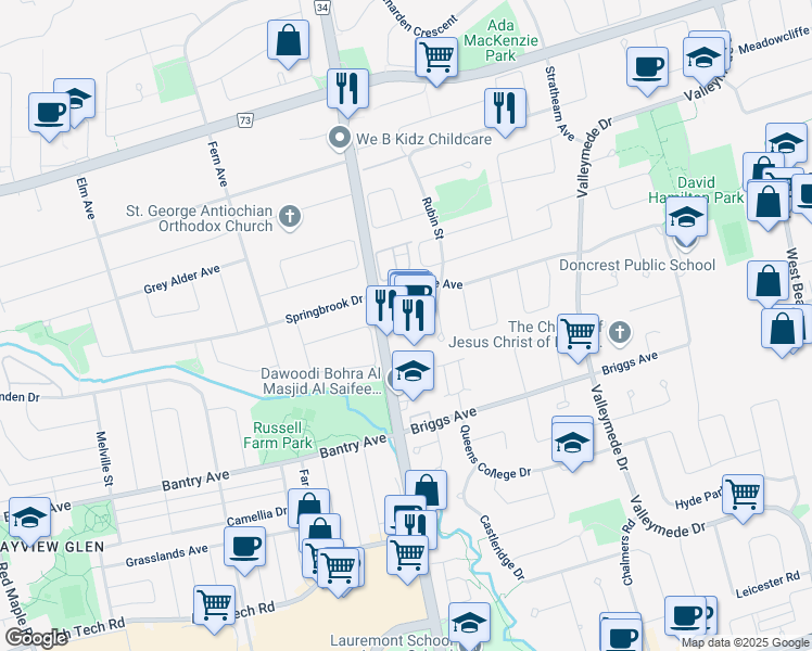 map of restaurants, bars, coffee shops, grocery stores, and more near 9019 Bayview Avenue in Richmond Hill