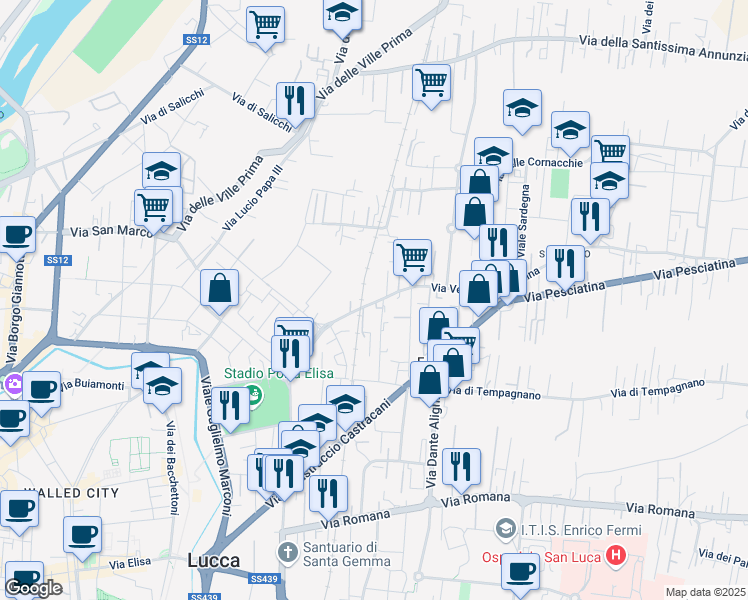 map of restaurants, bars, coffee shops, grocery stores, and more near 215 Via Vecchia Pesciatina in Lucca