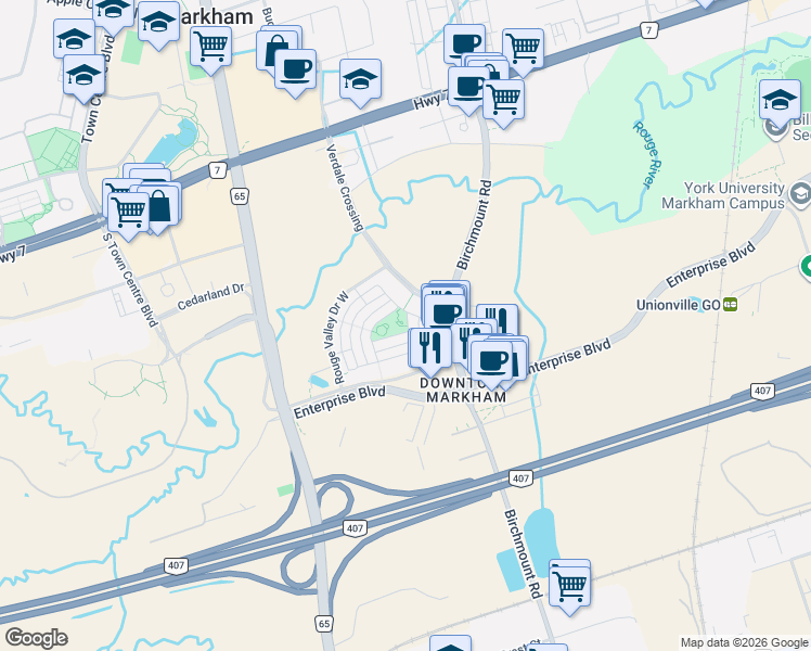 map of restaurants, bars, coffee shops, grocery stores, and more near 23 Mackenzie's Stand Avenue in Markham