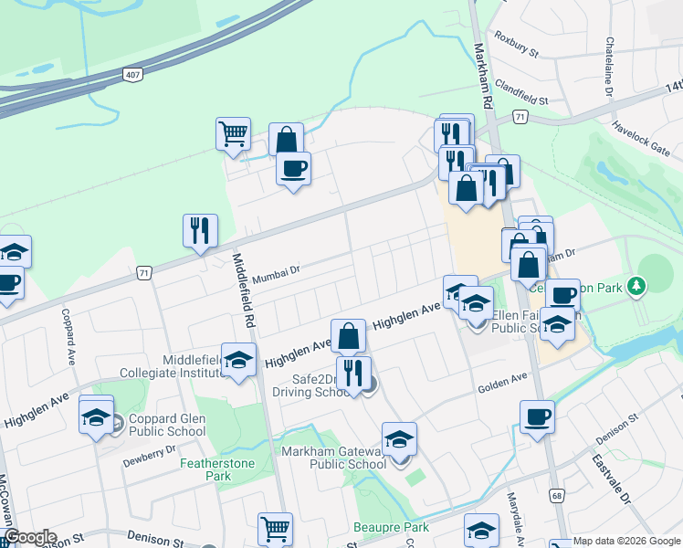 map of restaurants, bars, coffee shops, grocery stores, and more near 5757 14th Avenue in Markham