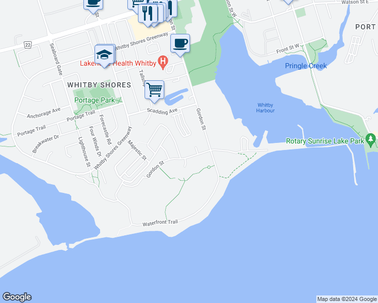 map of restaurants, bars, coffee shops, grocery stores, and more near 650 Gordon Street in Whitby