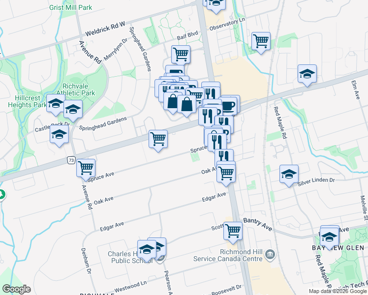 map of restaurants, bars, coffee shops, grocery stores, and more near 32 Spruce Avenue in Richmond Hill