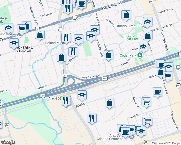 map of restaurants, bars, coffee shops, grocery stores, and more near 118 Reed Drive in Ajax
