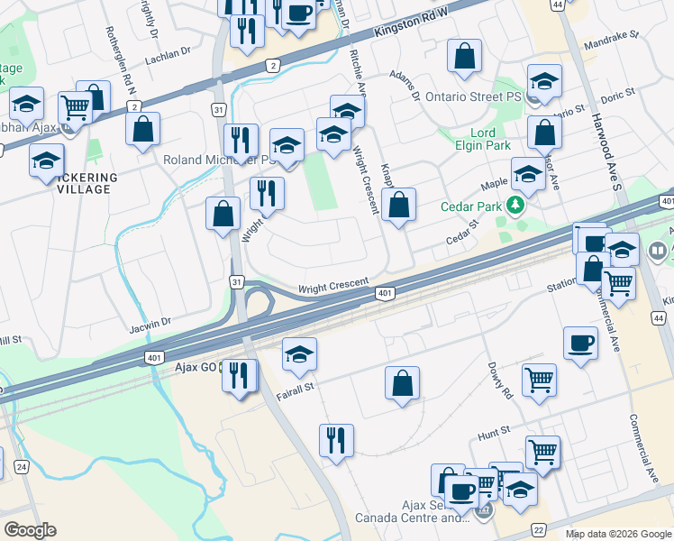 map of restaurants, bars, coffee shops, grocery stores, and more near in Ajax
