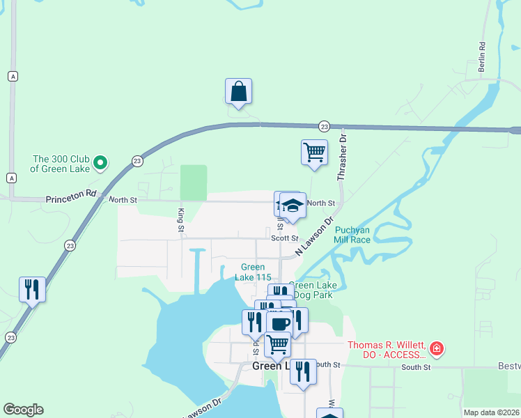 map of restaurants, bars, coffee shops, grocery stores, and more near 483 North Street in Green Lake