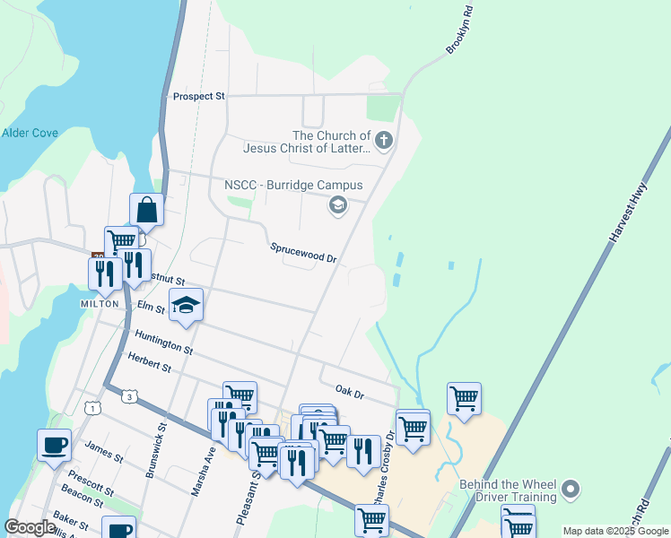 map of restaurants, bars, coffee shops, grocery stores, and more near Pleasant Street in Yarmouth