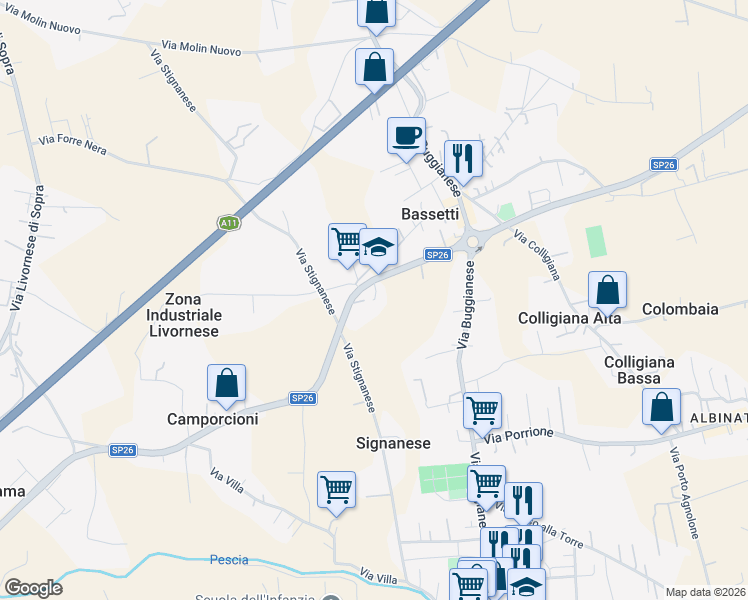 map of restaurants, bars, coffee shops, grocery stores, and more near 5B Via Camporcioni in Province of Pistoia